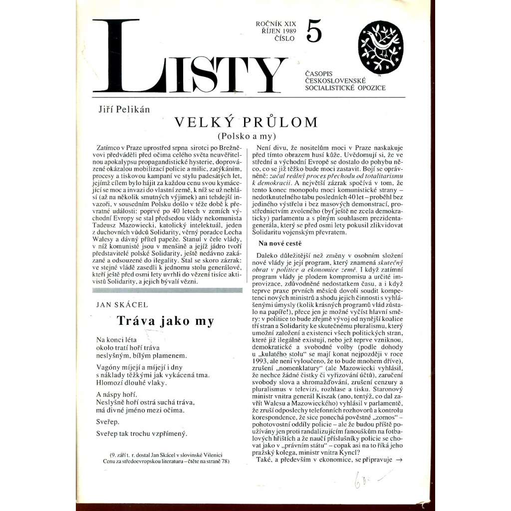 Listy, roč. XIX. Říjen 1989, č. 5