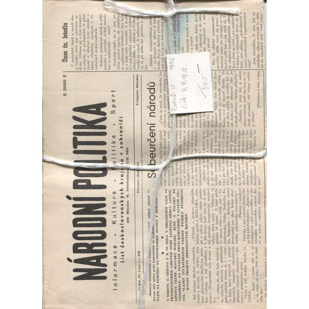 Národní politika. List československých krajanů v zahraničí, ročník IV./1972, čísla 7,9,10 a 12 (Exil, Mnichov)