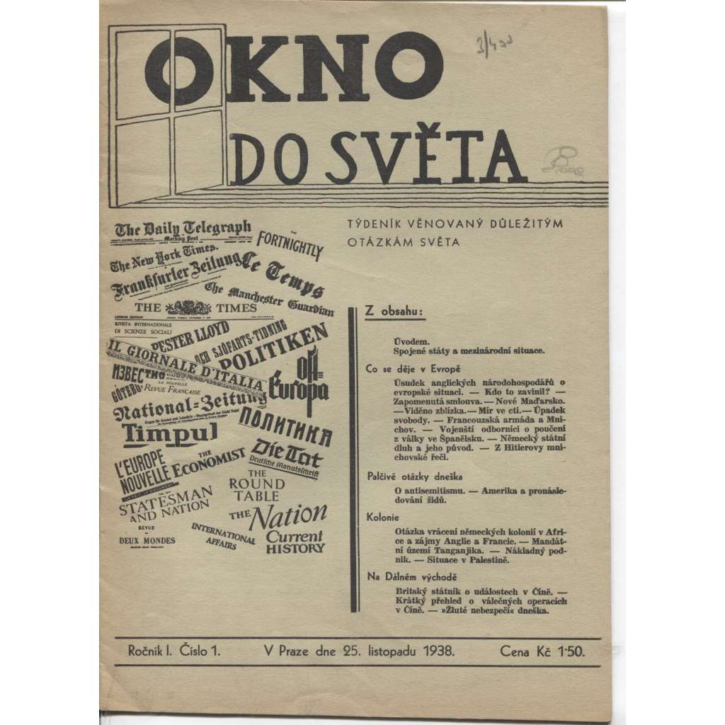 Okno do světa, ročník I., čísla 1.-3./1938. Týdeník věnovaný důležitým otázkám světa (3 sešity) - časopis 1. republika