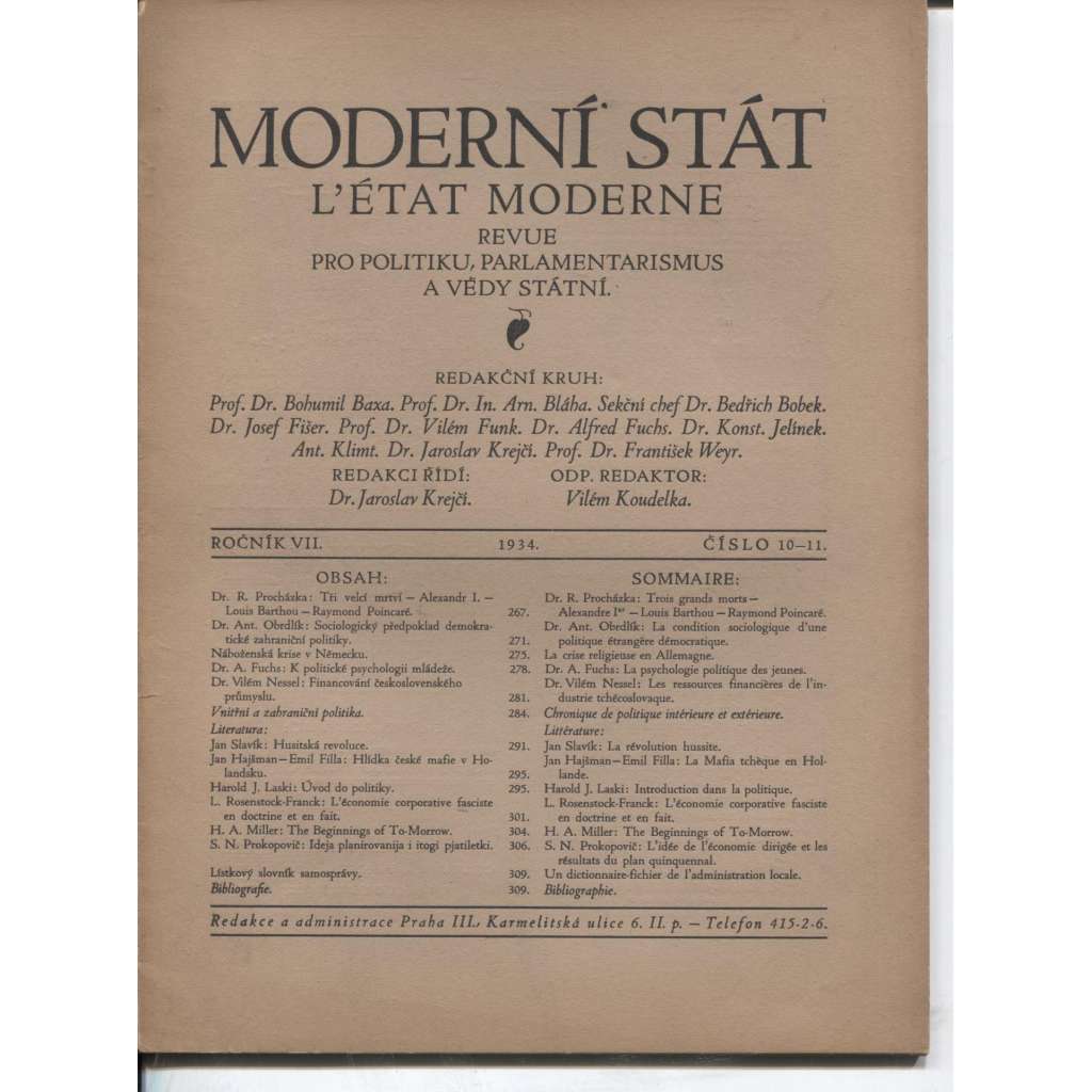 Moderní stát, ročník VII, číslo 10-11/1934. Revue pro politiku, parlamentarismus a vědy státní