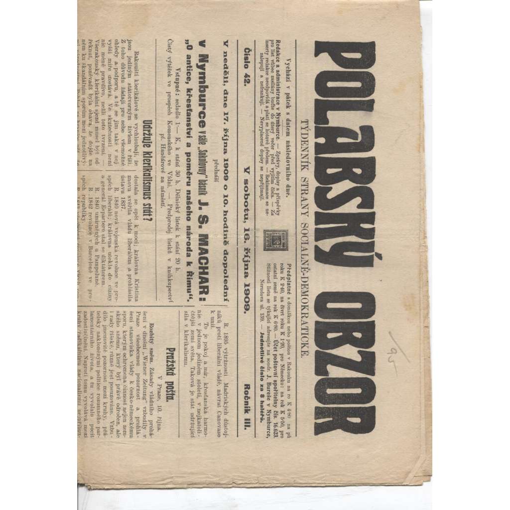Polabský obzor, ročník III., číslo 42/1909. Týdenník strany sociálně-demokratické (noviny 1. republika)
