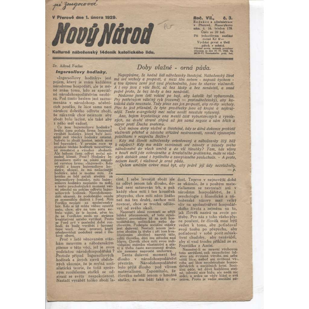 Nový Národ, ročník VII., číslo 3/1929. Kulturně náboženský 14deník katolického lidu (časopis 1. republika)
