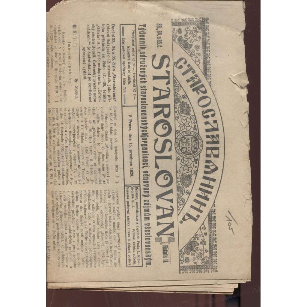 Staroslovan, roč. II., číslo 33., 34. a 35/1920. Týdenník sdružených staroslovanských organisací, věnovaný zájmům všeslovanským (noviny 1. republika)