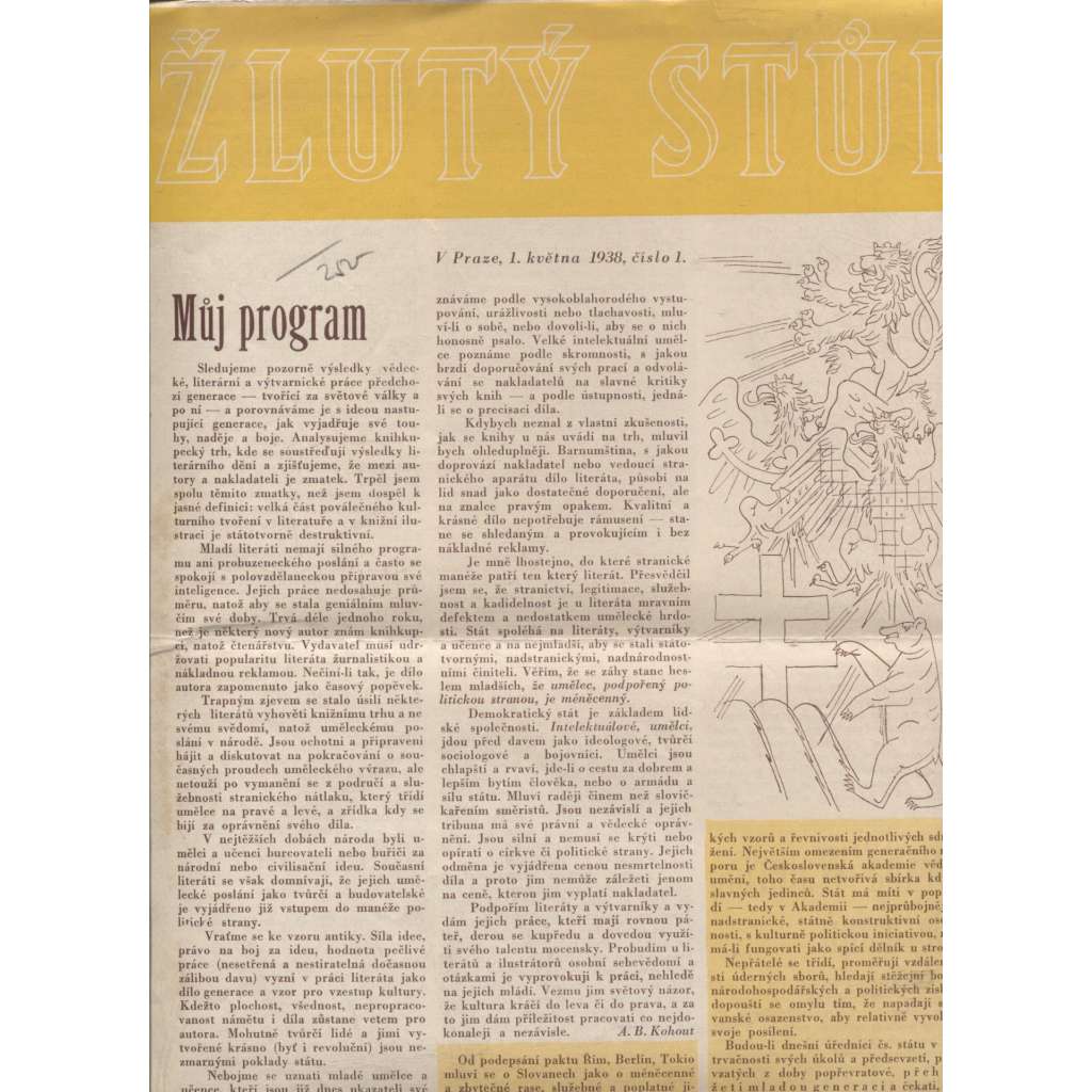 Žlutý stůl, měsíčník pro literaturu a zájmy generační, číslo 1/1938 (časopis 1. republika)