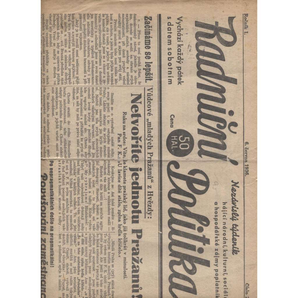 Radniční politika, ročník I., číslo 23/1936 (noviny 1. republika)
