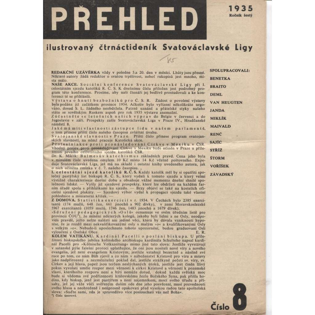 Přehled, ročník 6, číslo 8/1935. Ilustrovaný čtrnáctideník Svatováclavské Ligy (časopis 1. republika)