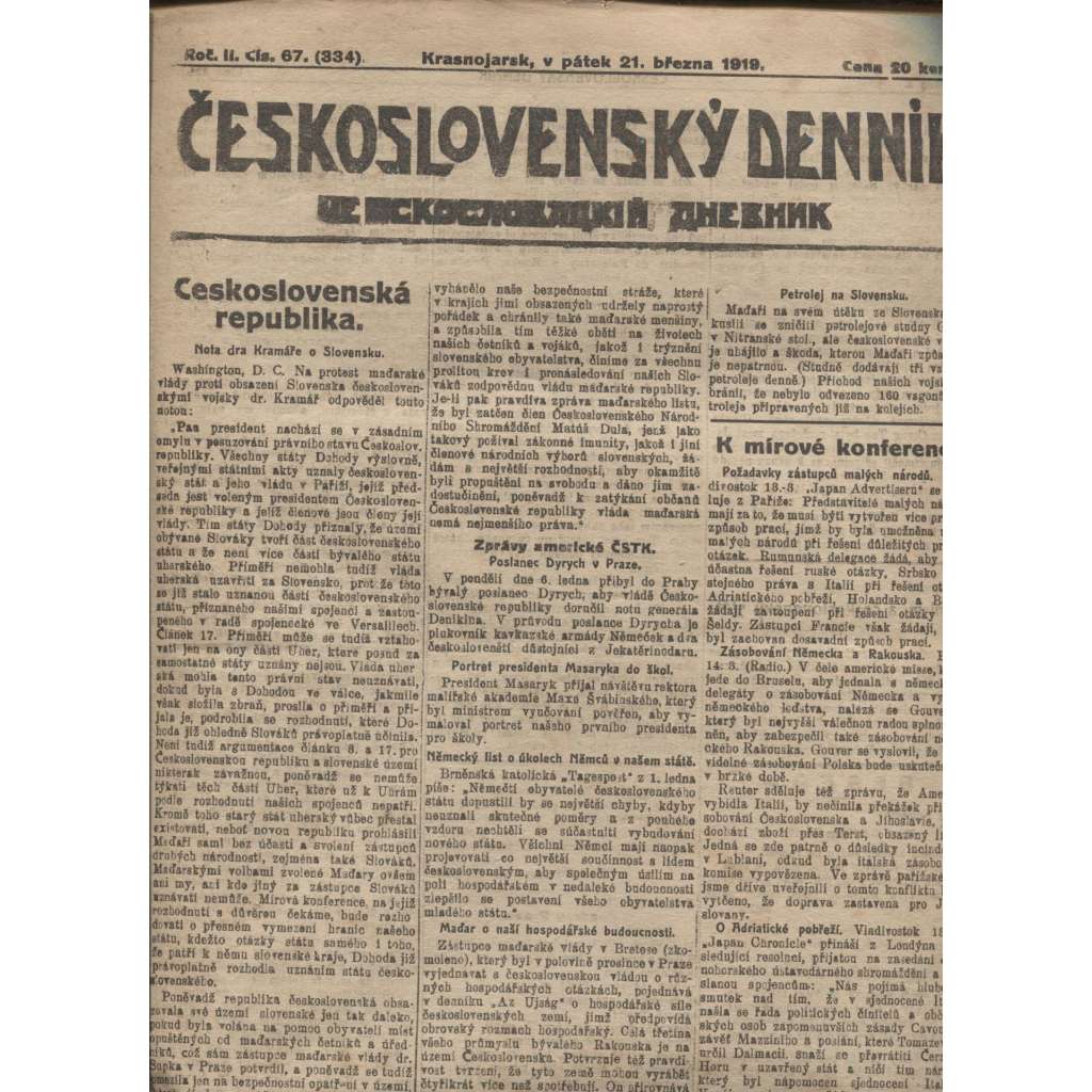 Československý denník roč. II, č. 67. Krasnojarsk, 1919 (LEGIE, RUSKO, LEGIONÁŘI)