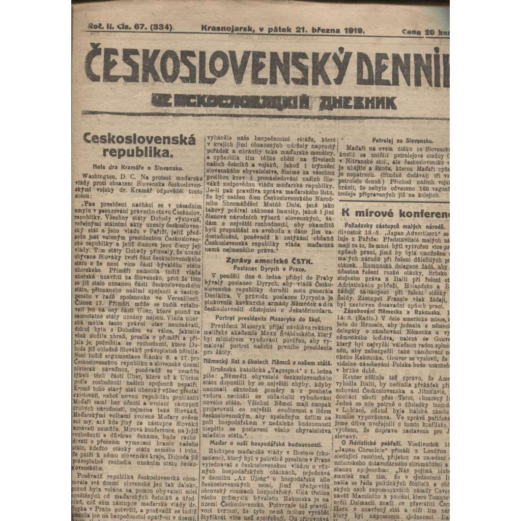 Československý denník roč. II, č. 67. Krasnojarsk, 1919 (LEGIE, RUSKO, LEGIONÁŘI)