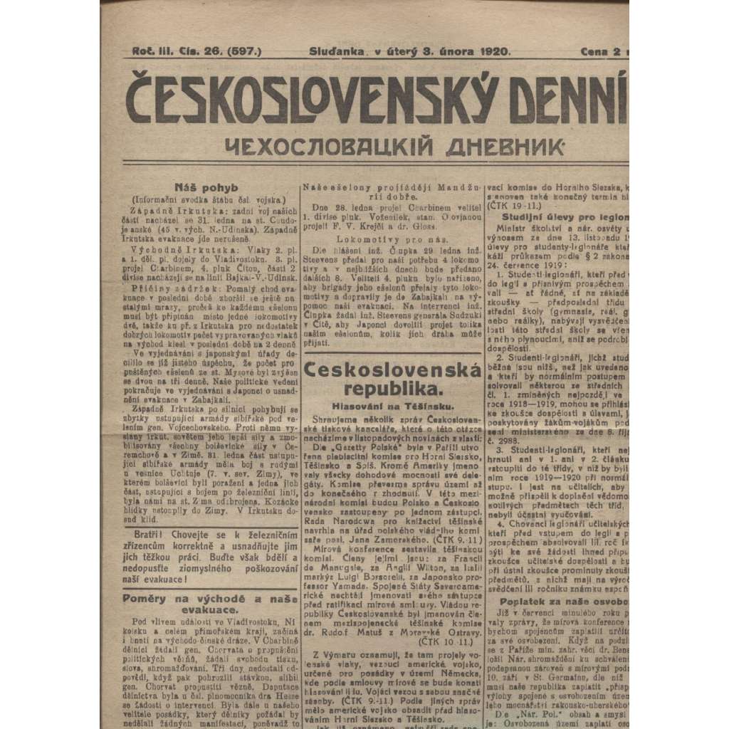 Československý denník roč. III, č. 26. Sluďanka, 1920 (LEGIE, RUSKO, LEGIONÁŘI)