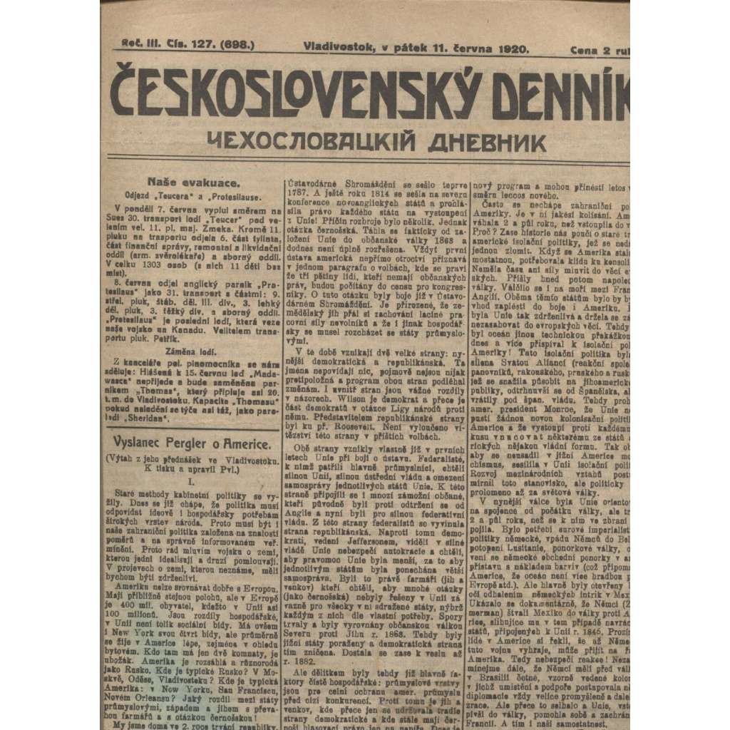 Československý denník roč. III, č. 127. Vladivostok, 1920 (LEGIE, RUSKO, LEGIONÁŘI)