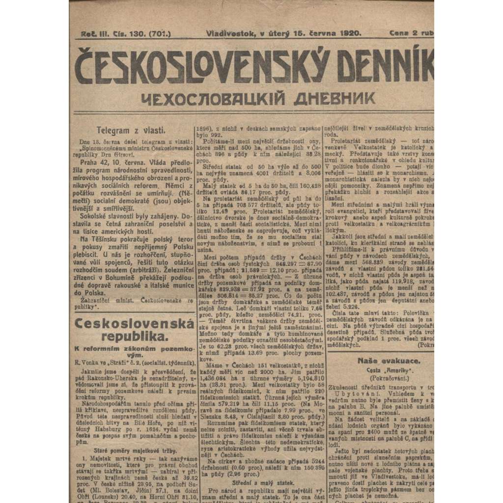 Československý denník roč. III, č. 130. Vladivostok, 1920 (LEGIE, RUSKO, LEGIONÁŘI)