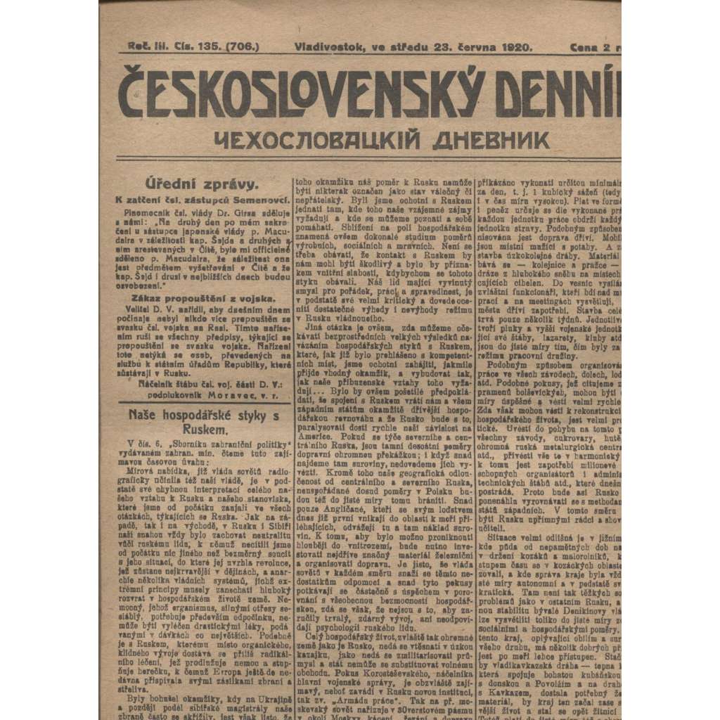 Československý denník roč. III, č. 135. Vladivostok, 1920 (LEGIE, RUSKO, LEGIONÁŘI)