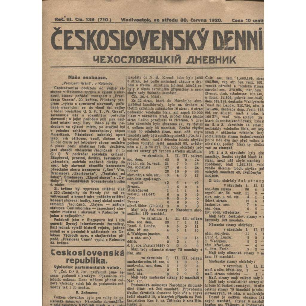 Československý denník roč. III, č. 139. Vladivostok, 1920 (LEGIE, RUSKO, LEGIONÁŘI)