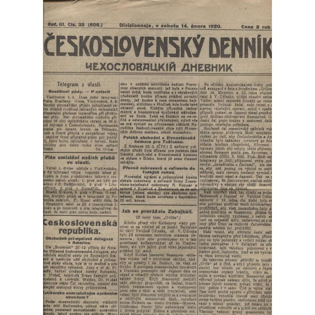 Československý denník roč. III, č. 35. Divizionnaja, 1920 (LEGIE, RUSKO, LEGIONÁŘI)