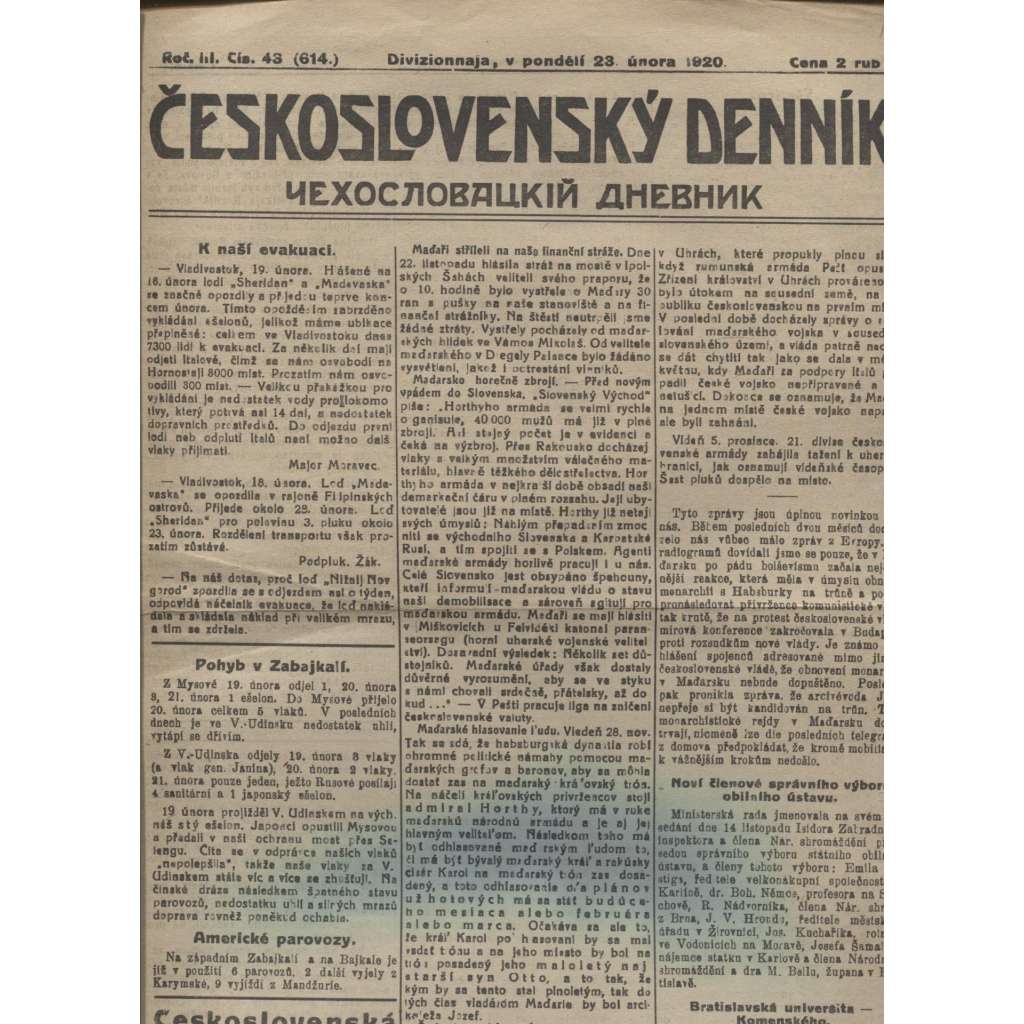 Československý denník roč. III, č. 43. Divizionnaja, 1920 (LEGIE, RUSKO, LEGIONÁŘI)