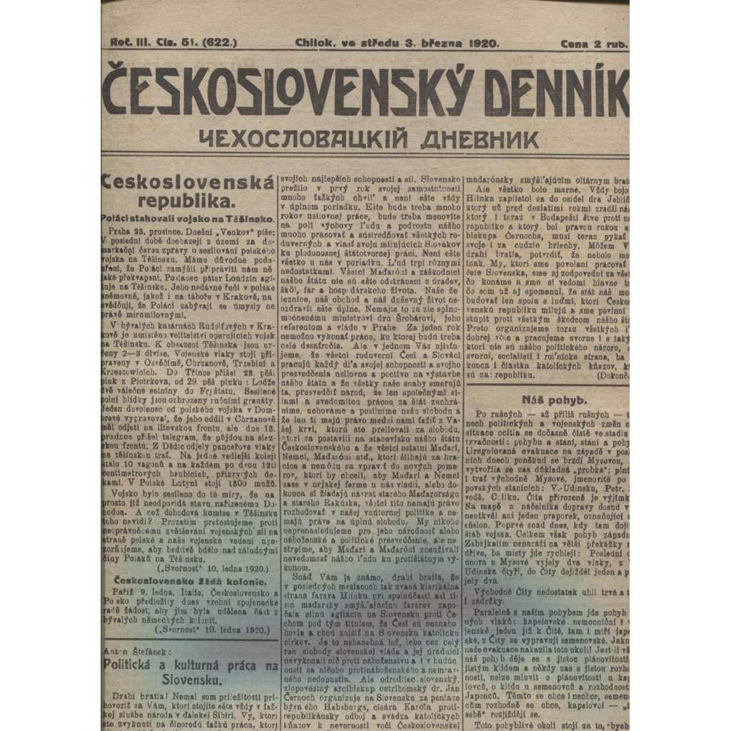 Československý denník roč. III, č. 51. Chilok, 1920 (LEGIE, RUSKO, LEGIONÁŘI)