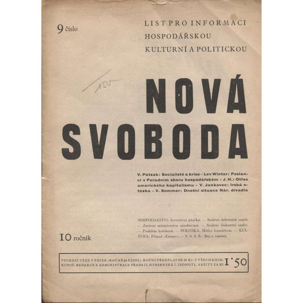 Nová svoboda, ročník 10, číslo 9/1933. List pro informaci hospodářskou, kulturní a politickou