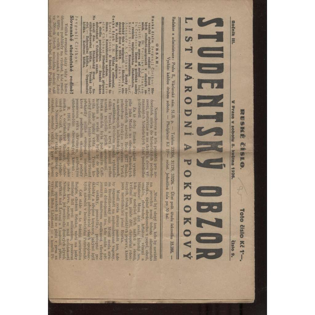 Studentský obzor, ročník III., číslo 9./1926 (noviny 1. republika)