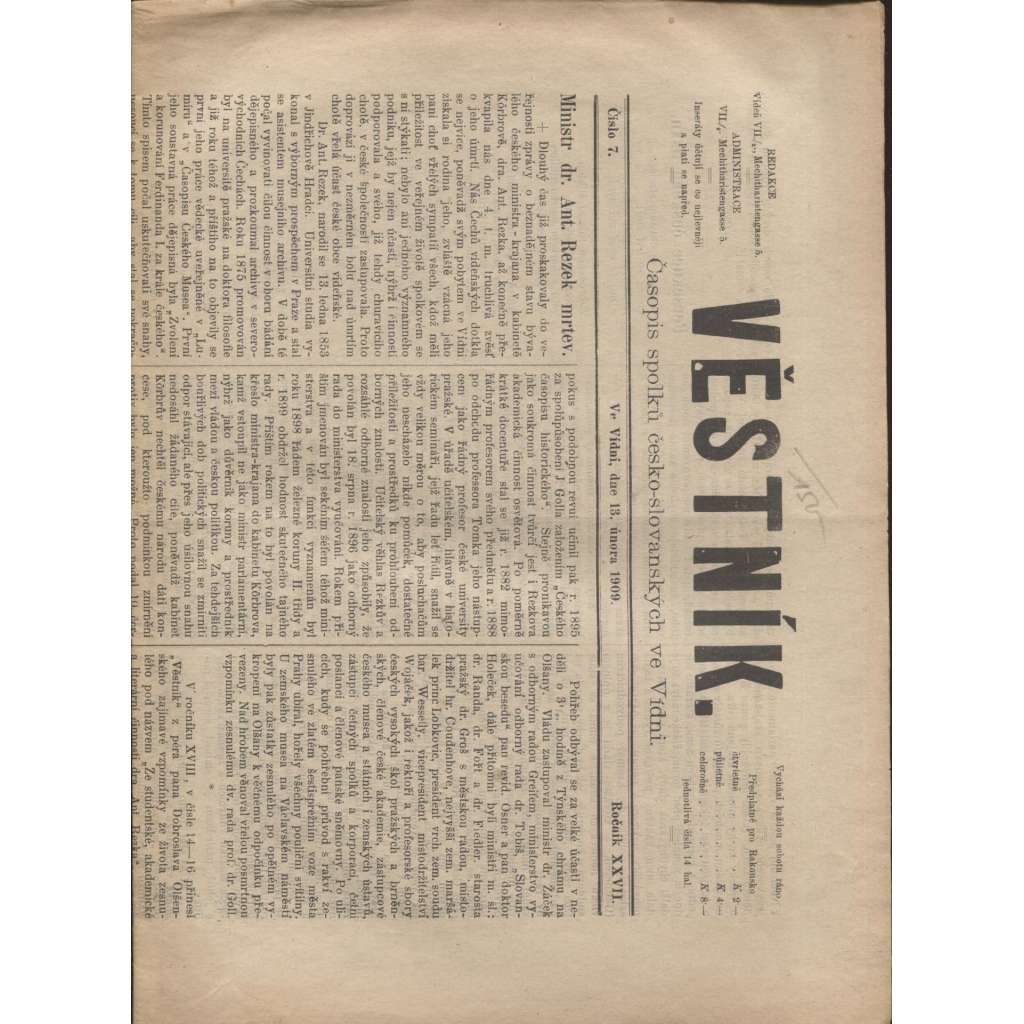 Věstník, ročník XXVII., číslo 7/1909 (Rakousko-Uhersko)