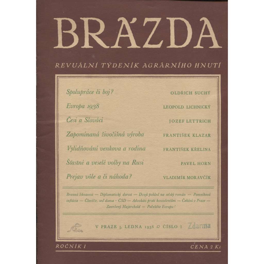 Brázda, ročník I., číslo 1/1938. Revuální týdeník agrárního hnutí