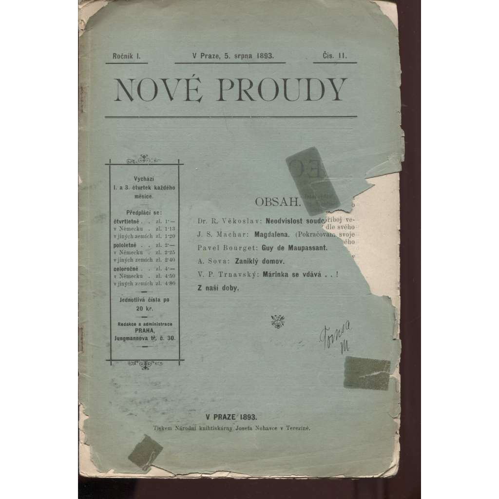 Nové proudy, ročník I., číslo 11/1893. Časopis pokrokového studenstva