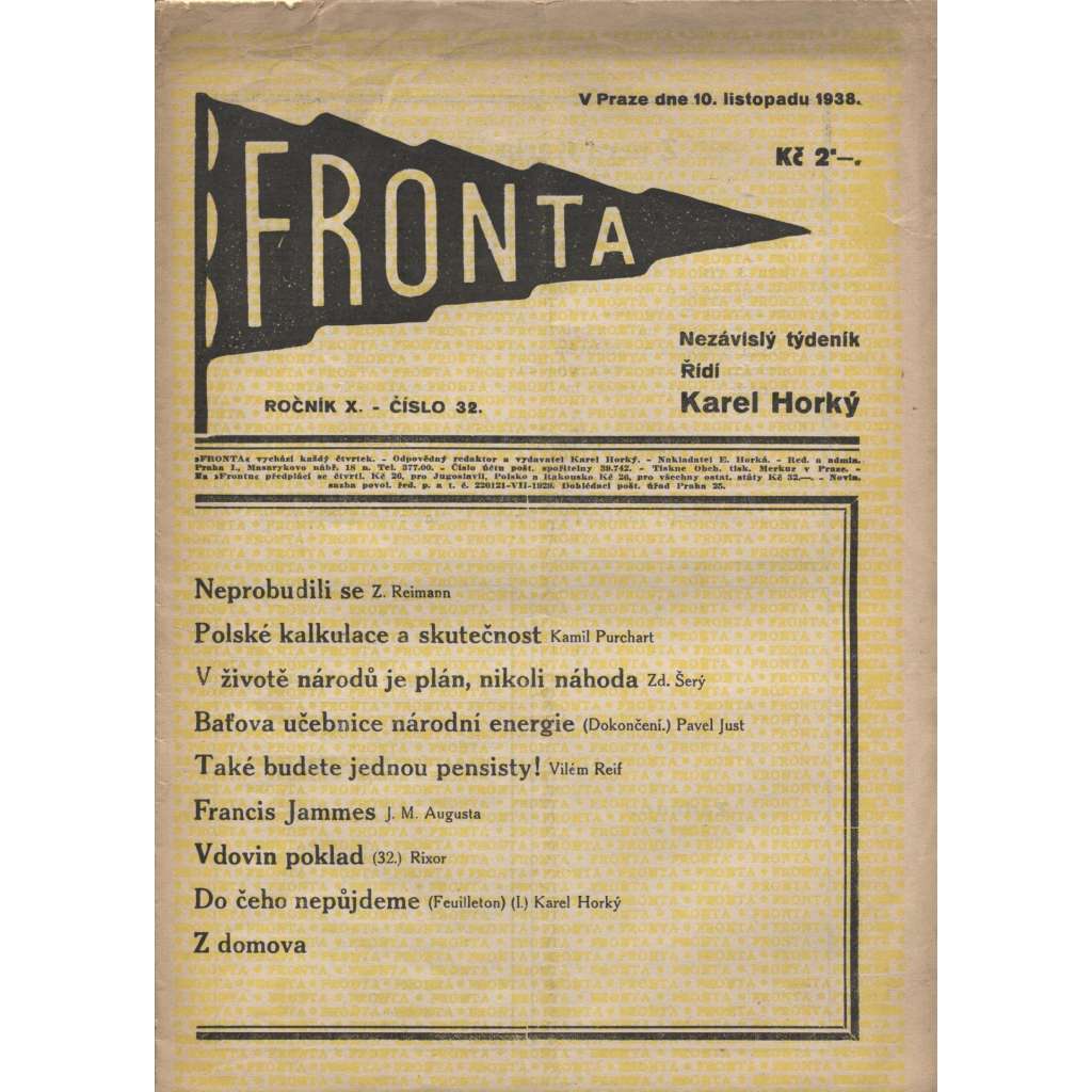 Fronta, ročník X., číslo 32/1938