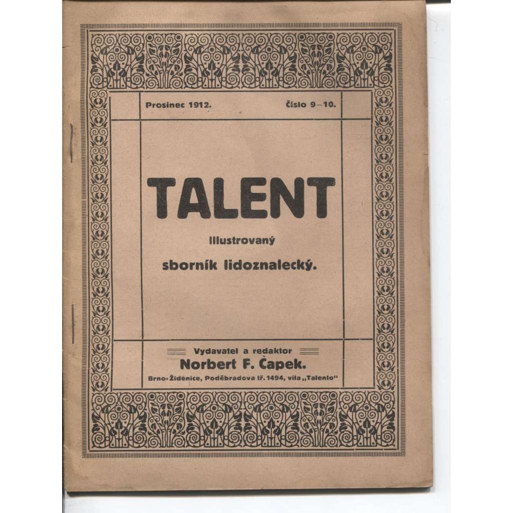 Talent, číslo 9-10/1912. Illustrovaný sborník lidoznalecký
