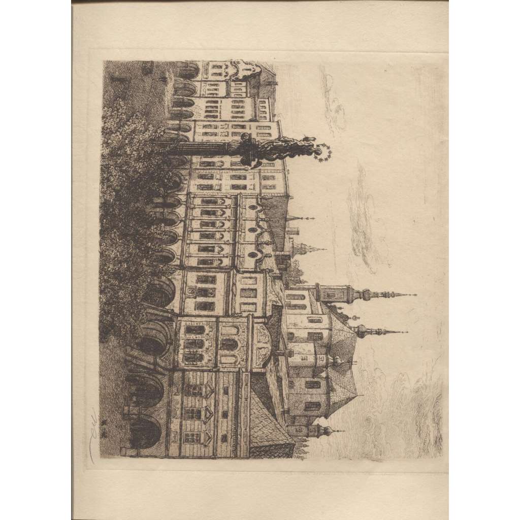 Náměstí v Litomyšli. Karel Vik (1883 - 1964, lept, Litomyšl)  Pohled přes štíty domů na barokní piaristický kostel
