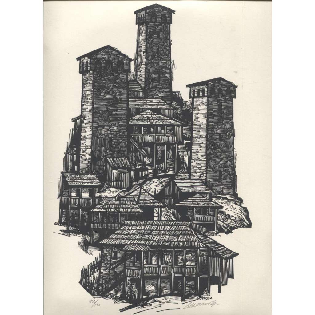Podhradí, středověké město dřevoryt, neurčený autor 1964
