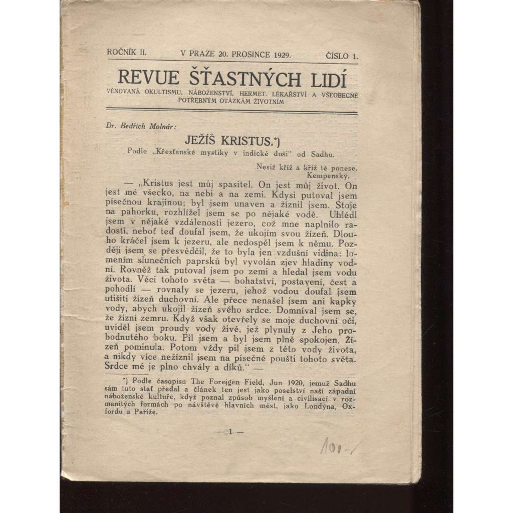 Revue šťastných lidí, ročník II., číslo 1. a 2./1929-1930  (okultismus, náboženství, hermetismus, lékařství)