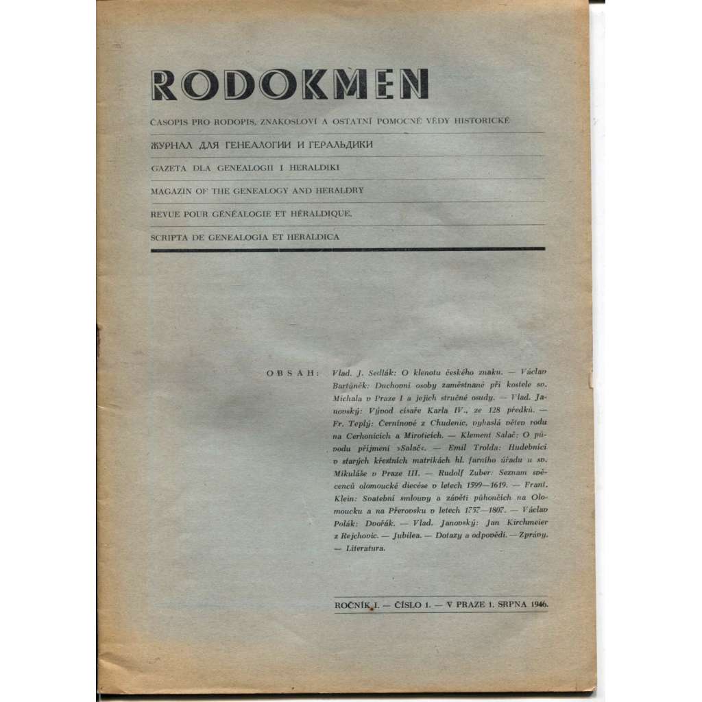 Rodokmen, ročník I., číslo 1.-4./1946. Časopis pro rodopis, znakosloví a ostatní pomocné vědy historické