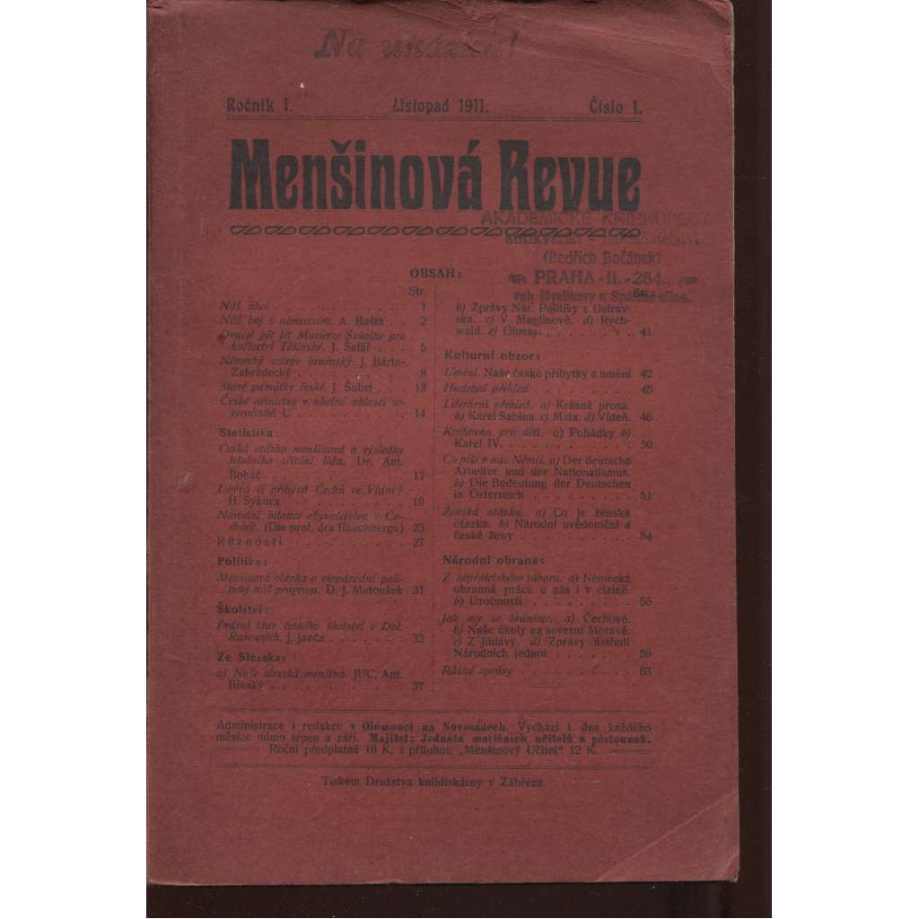 Menšinová Revue, ročník I., číslo I./1911