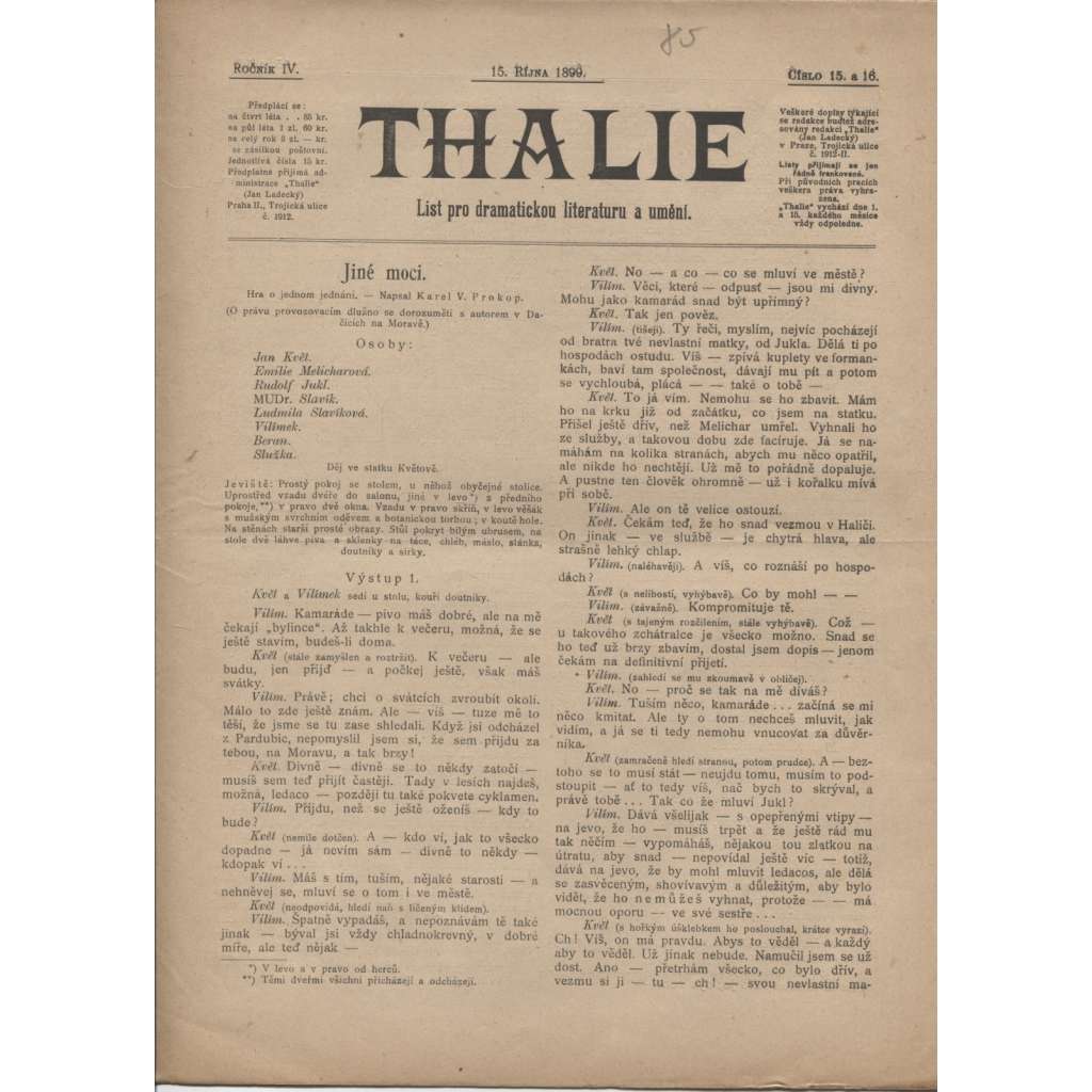 Thalie, ročník IV., číslo 15. a 16./1899. List pro dramatickou literaturu a umění