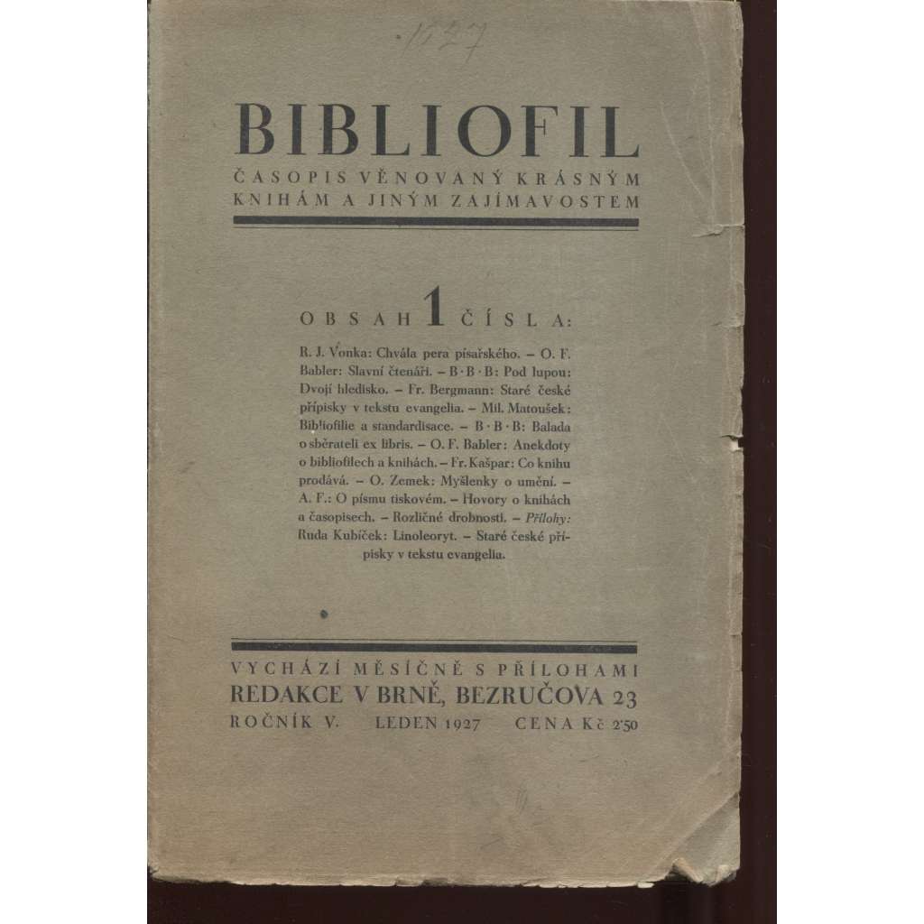 Bibliofil, ročník V., číslo 1.-10/1927. Časopis věnovaný krásným knihám a jiným zajímavostem