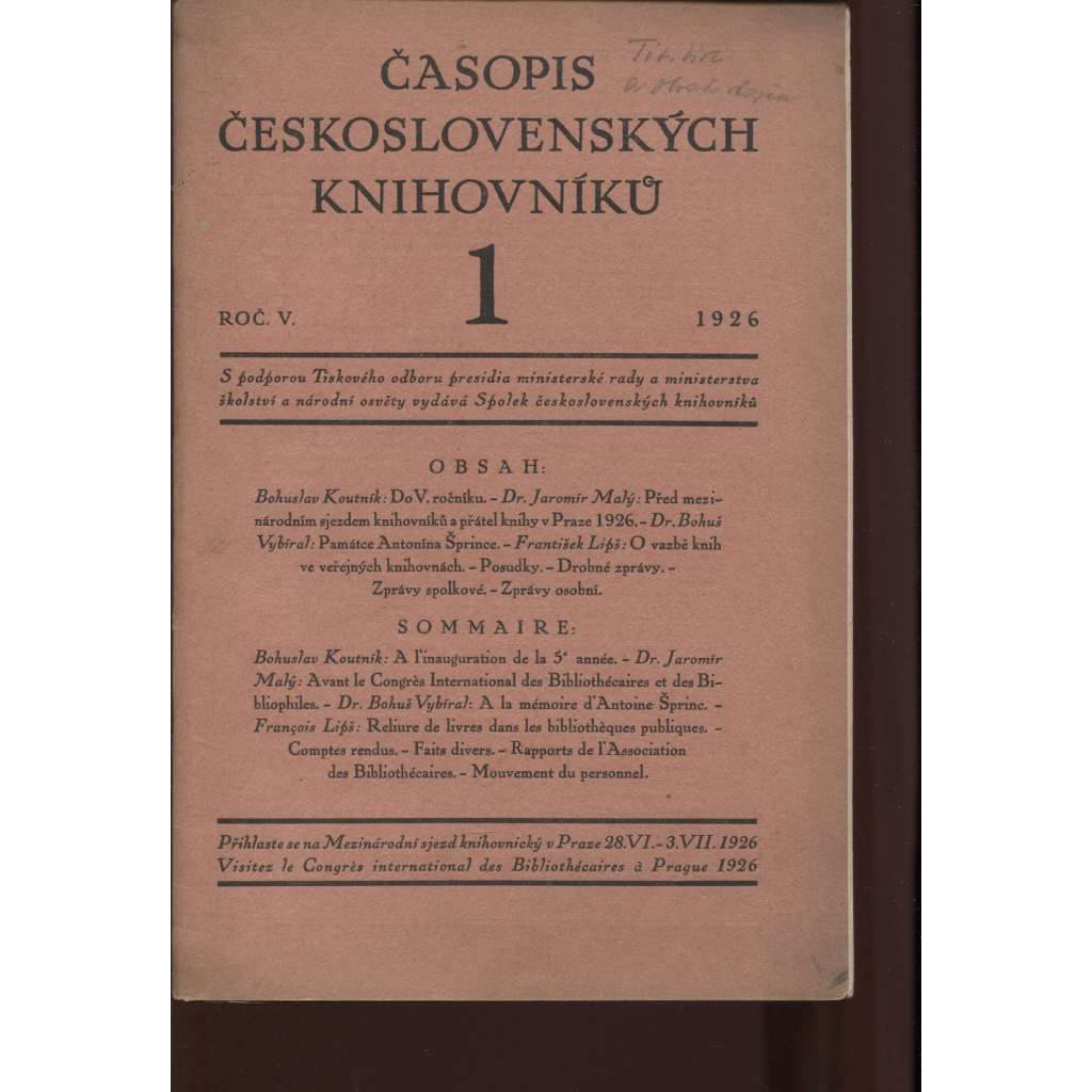 Časopis československých knihovníků, ročník V./1926, číslo 1.-10. (komplet)