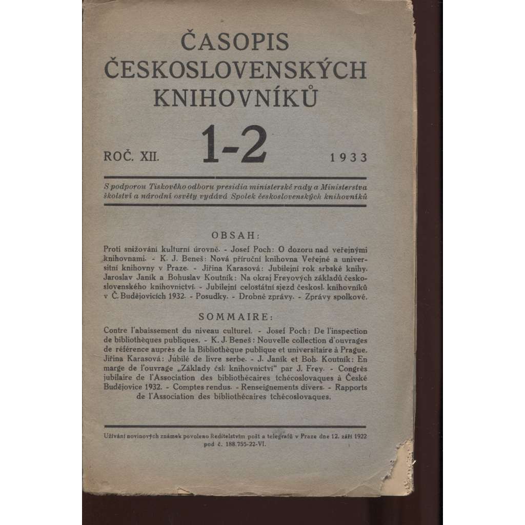 Časopis československých knihovníků, ročník XII./1933, číslo 1.-6.