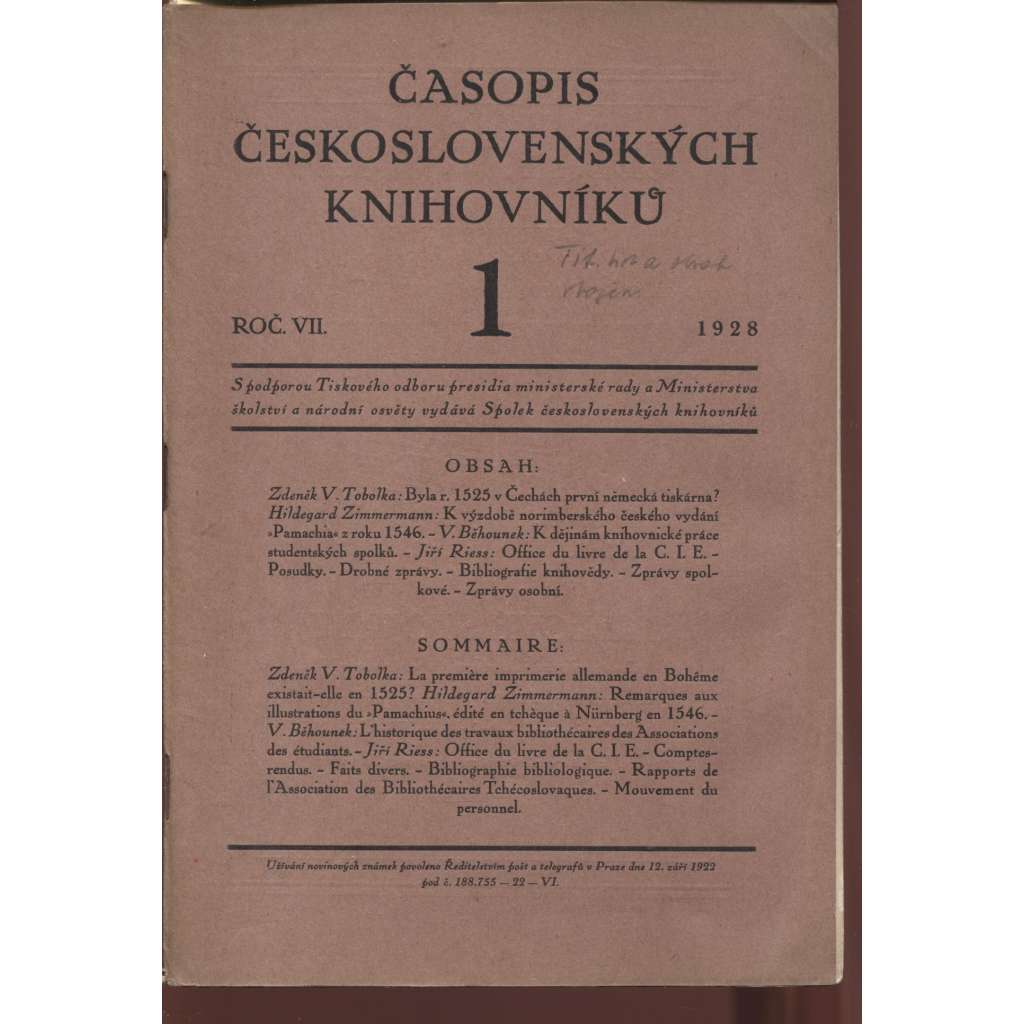 Časopis československých knihovníků, ročník VII./1928, číslo 1.-4.