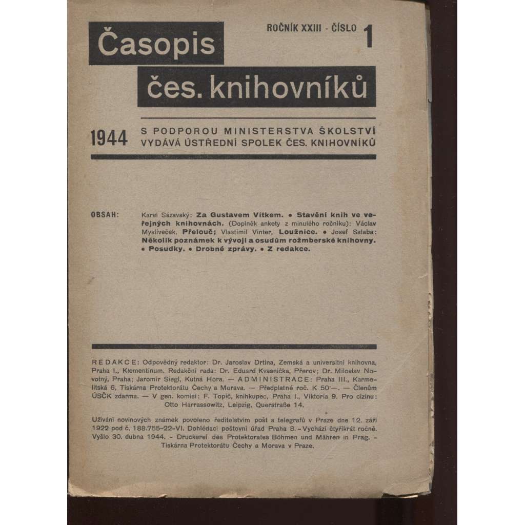 Časopis českých knihovníků, ročník XXIII./1944, číslo 1.