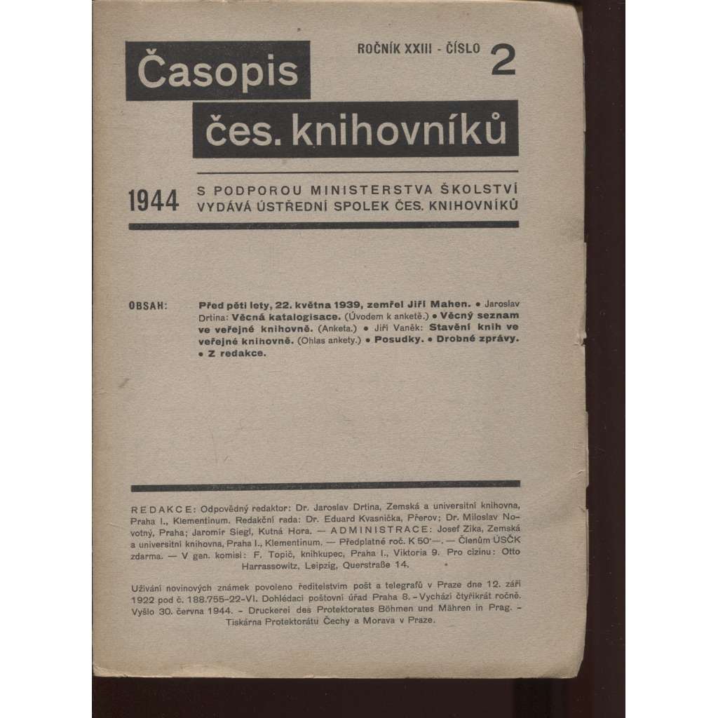 Časopis českých knihovníků, ročník XXIII./1944, číslo 2.