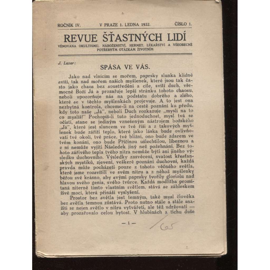 Revue šťastných lidí, ročník IV., číslo 1./1932 (okultismus, náboženství, hermetismus, lékařství)