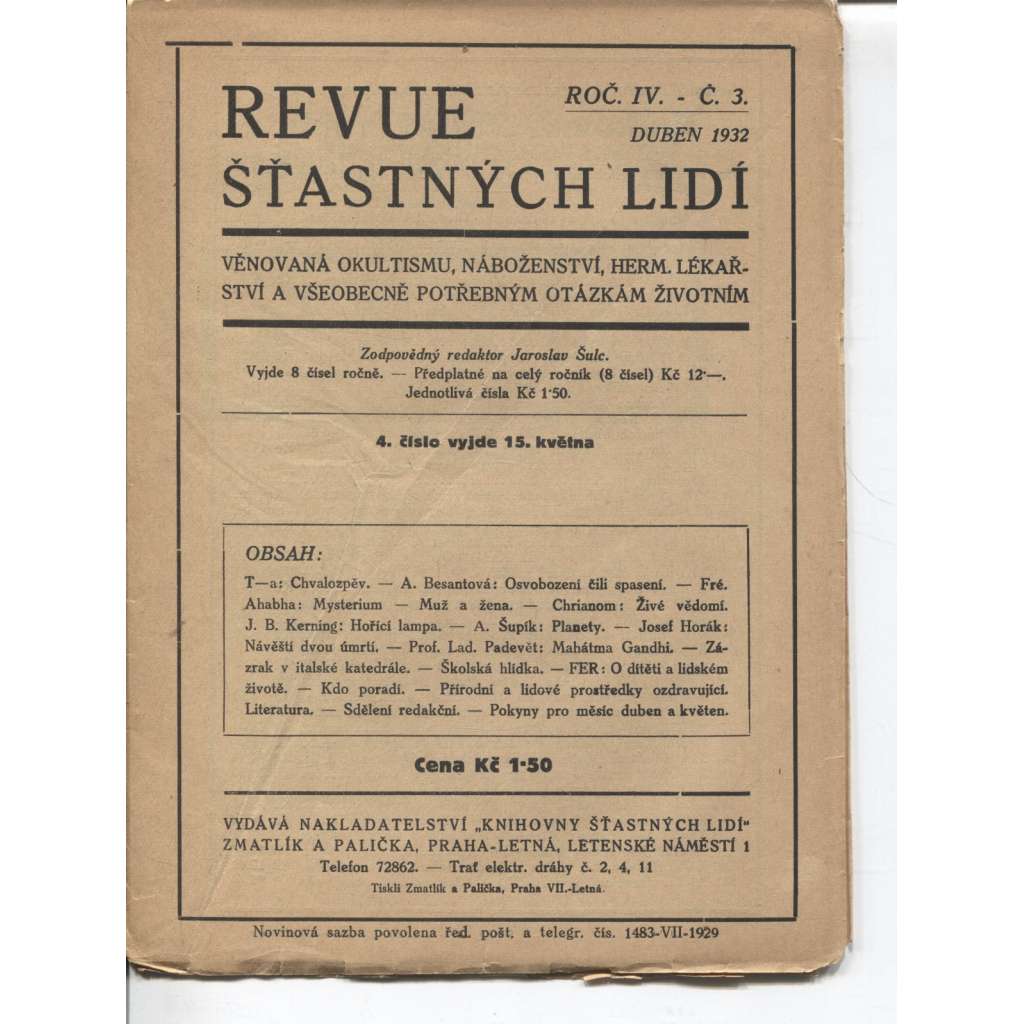 Revue šťastných lidí, ročník IV., číslo 3./1932 (okultismus, náboženství, hermetismus, lékařství)