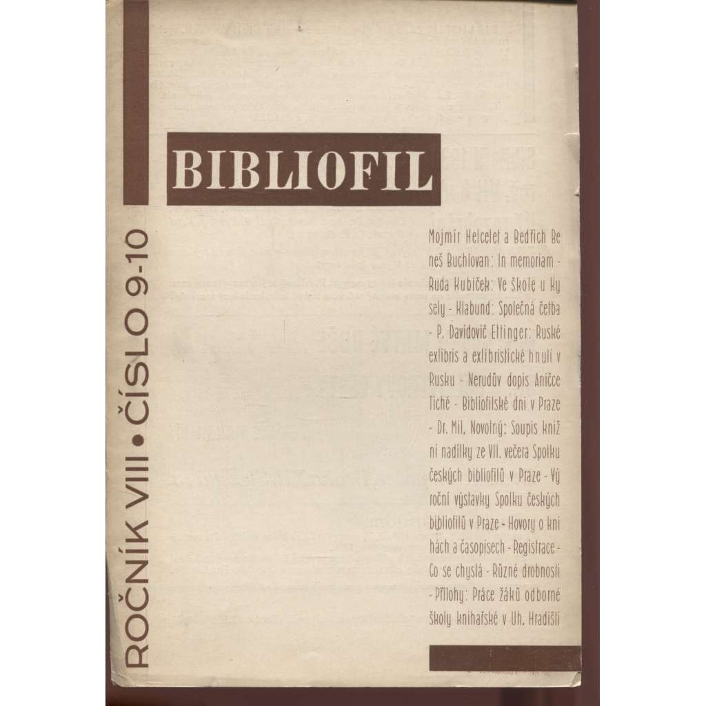 Bibliofil, ročník VIII., číslo 1.-10./1931. Časopis pro pěknou knihu a její úpravu (přílohy: Váchal, Galanda...)