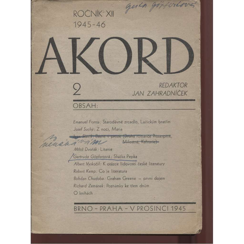 Akord, ročník XII., číslo 2/1945-46. Měsíčník pro literaturu, umění a život