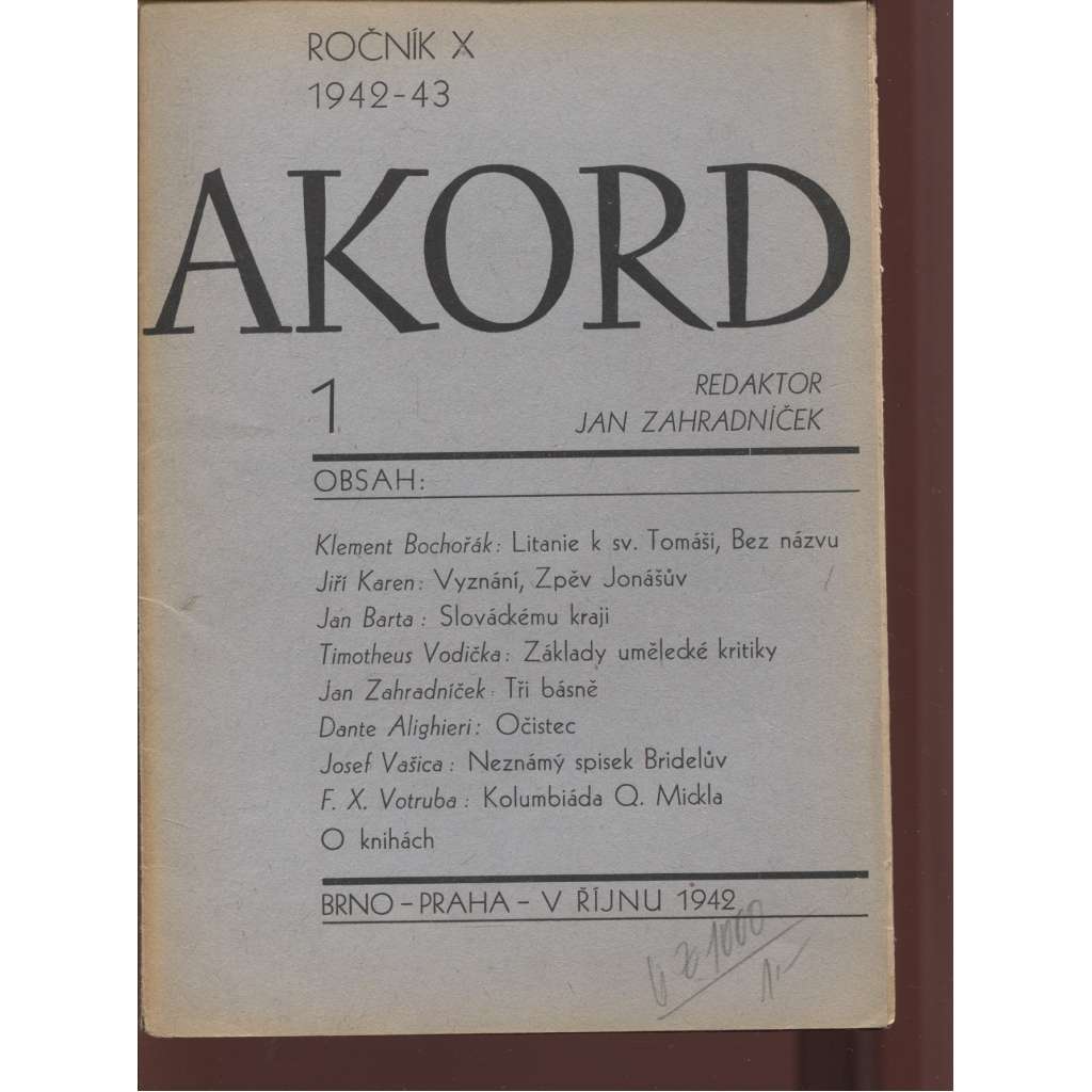 Akord, ročník X., číslo 1/1942-43. Měsíčník pro literaturu, umění a život