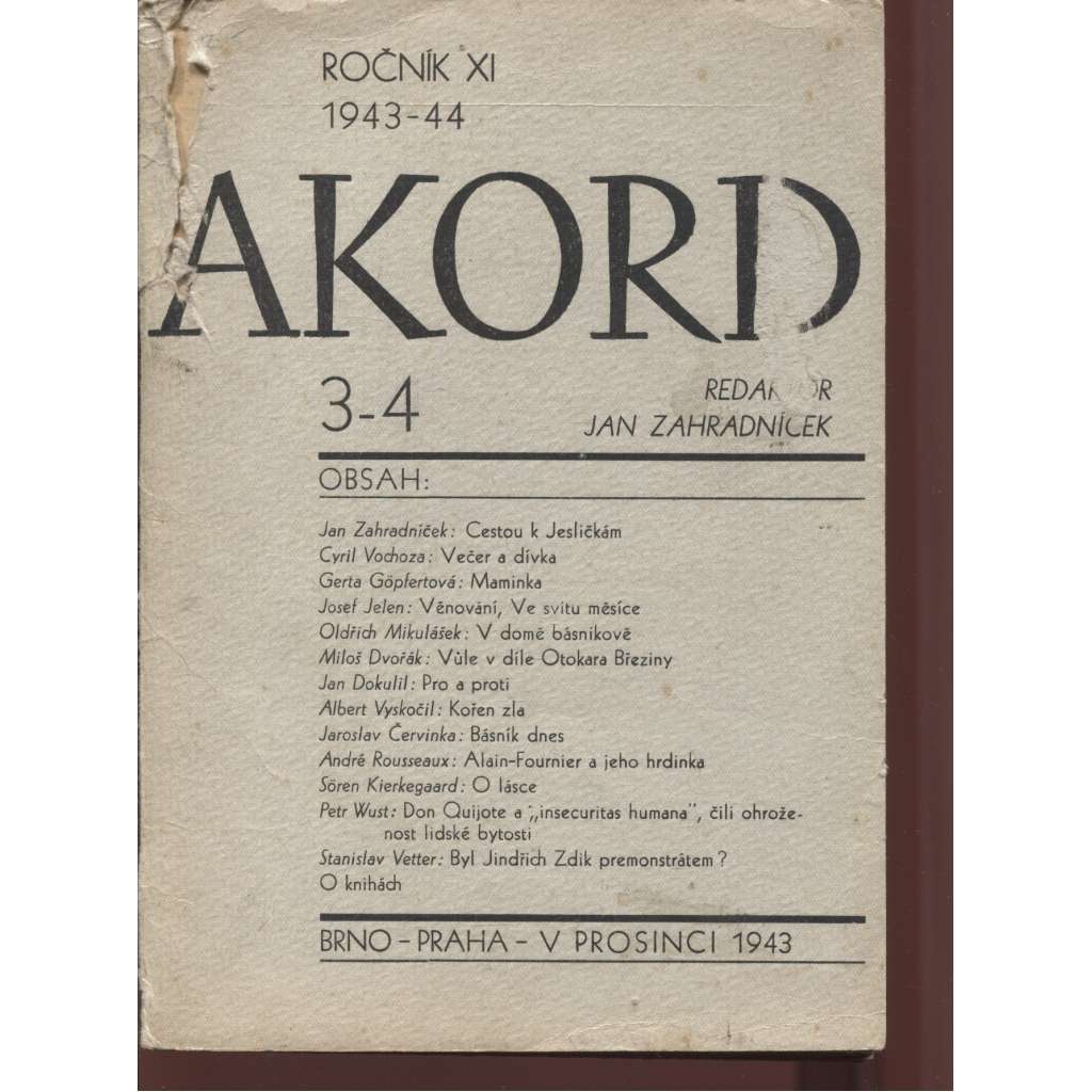 Akord, ročník XI., číslo 3-4/1943-44. Měsíčník pro literaturu, umění a život