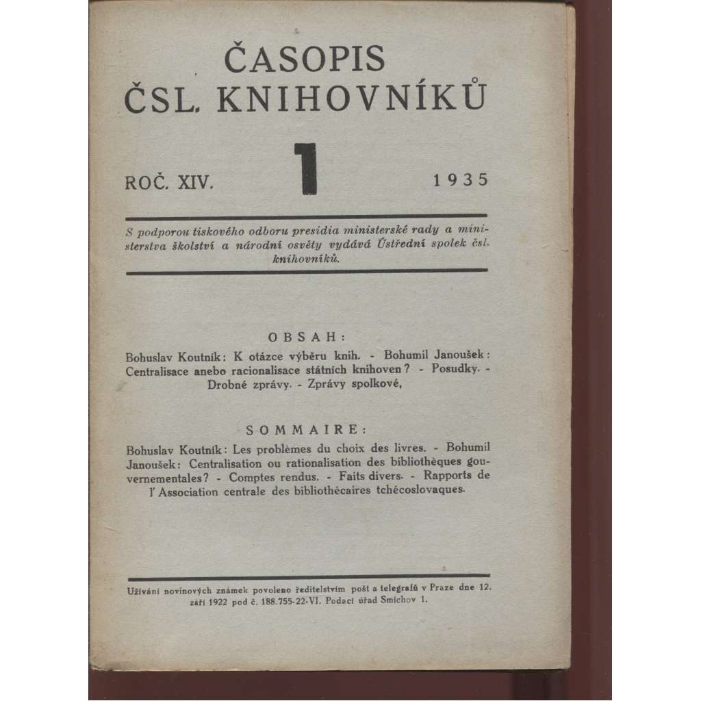 Časopis československých knihovníků, ročník XIV./1935, číslo 1.