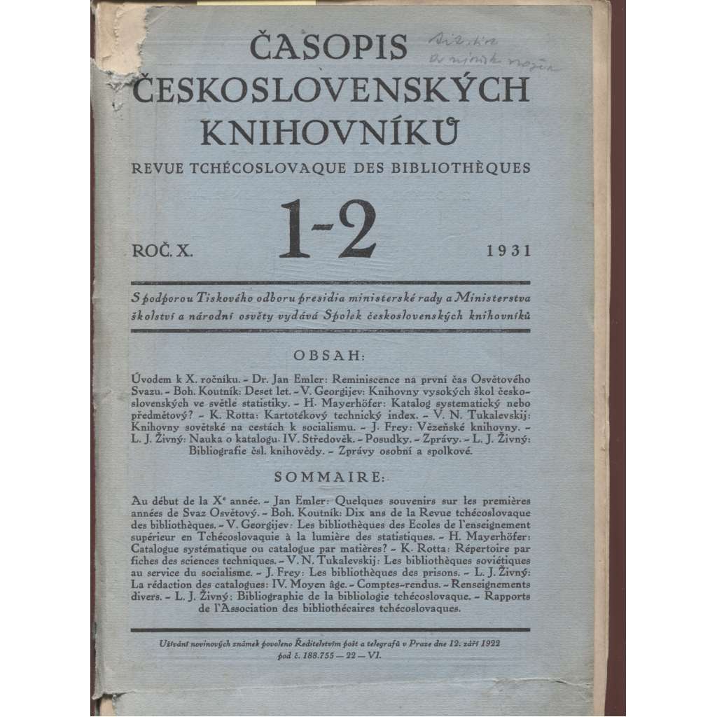 Časopis československých knihovníků, ročník X./1931, číslo 1.-2.