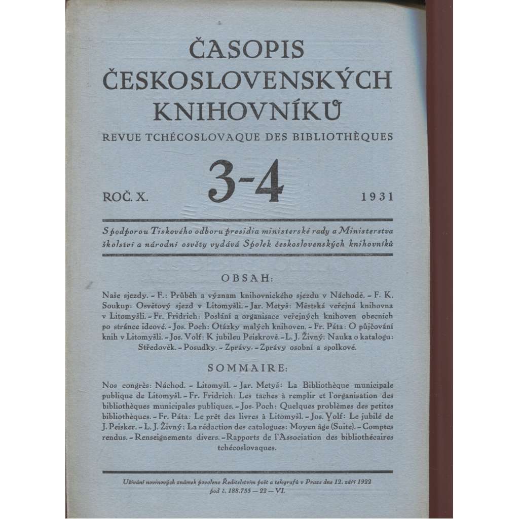 Časopis československých knihovníků, ročník X./1931, číslo 3.-4.