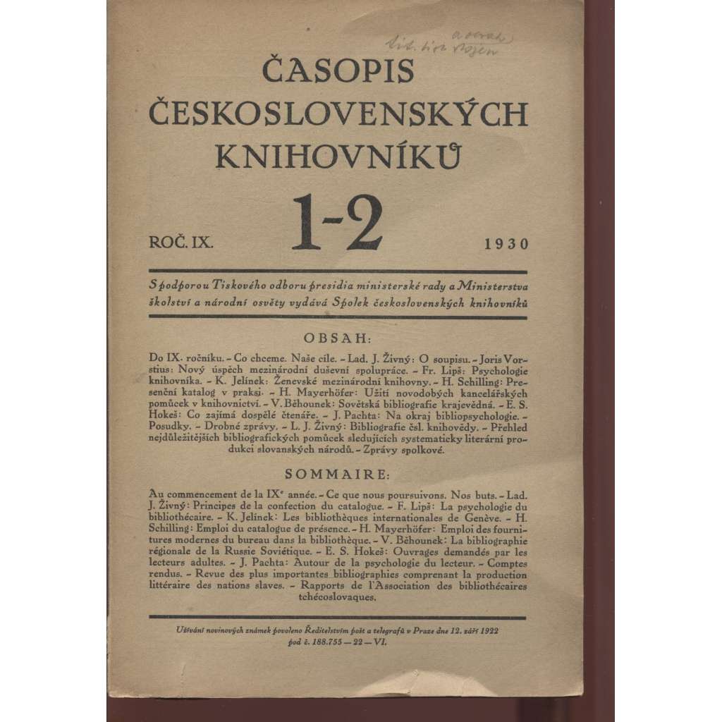 Časopis československých knihovníků, ročník IX./1930, číslo 1.-4. (komplet)