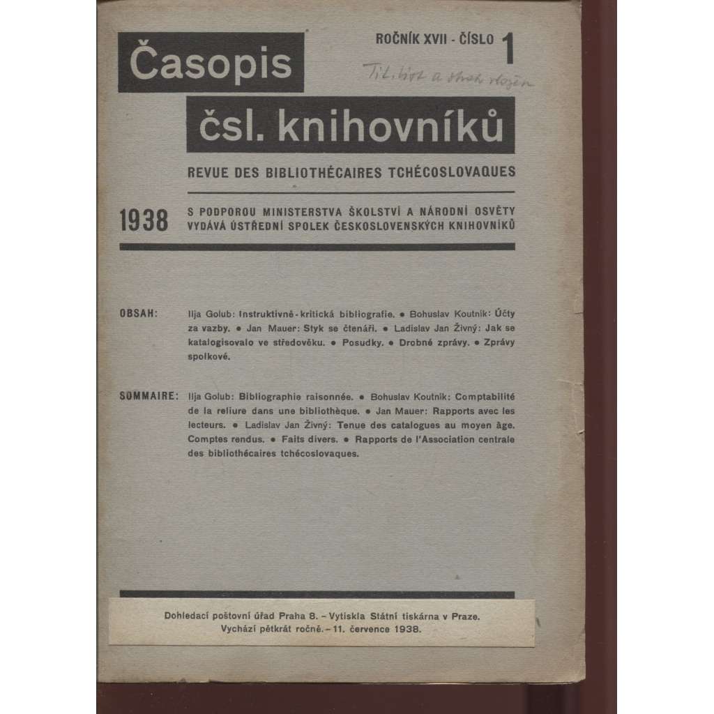 Časopis československých knihovníků, ročník XVII./1938, číslo 1., 2. a 4.